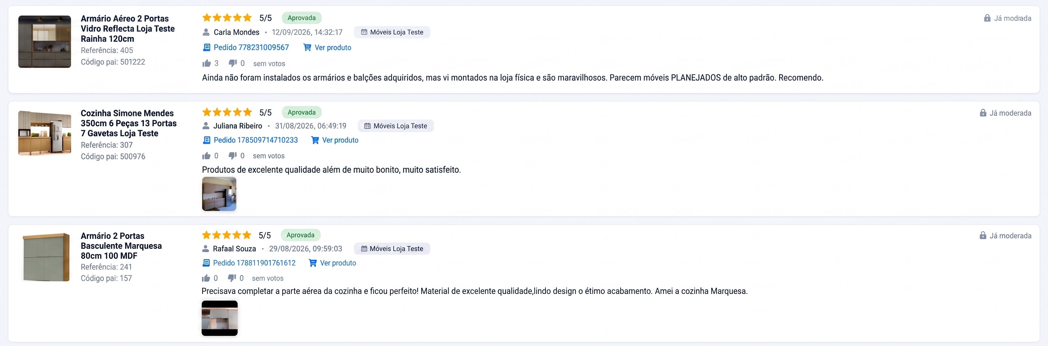 Moderação de avaliações de produtos, com nota, cliente, pedido, comentário e fotos