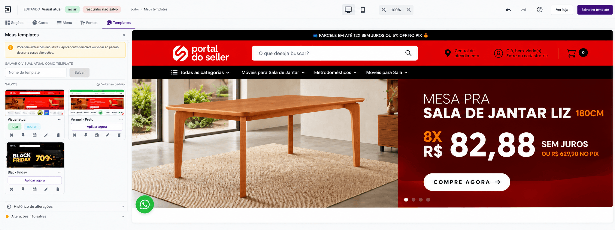Personalização visual da loja, na aba Templates, com a vitrine ao lado