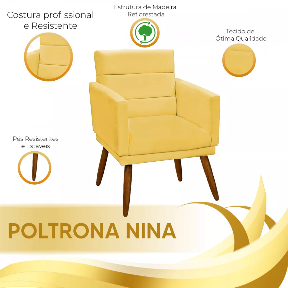 Image 3 of 5 of Poltrona Nina Veludo Amarelo De Madeira Speciale Home