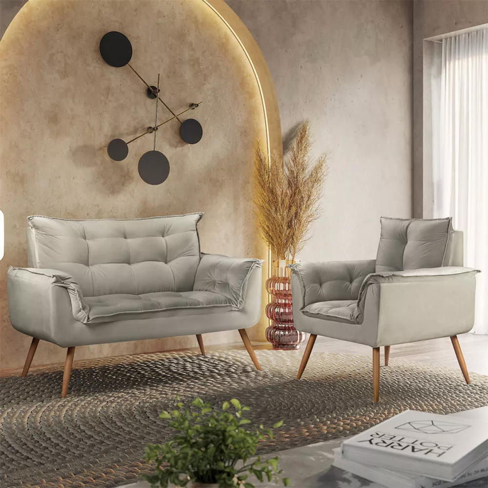 Image 1 of 6 of Conjunto Namoradeira + Poltrona Opala Veludo Bege Marfim - Speciale Home