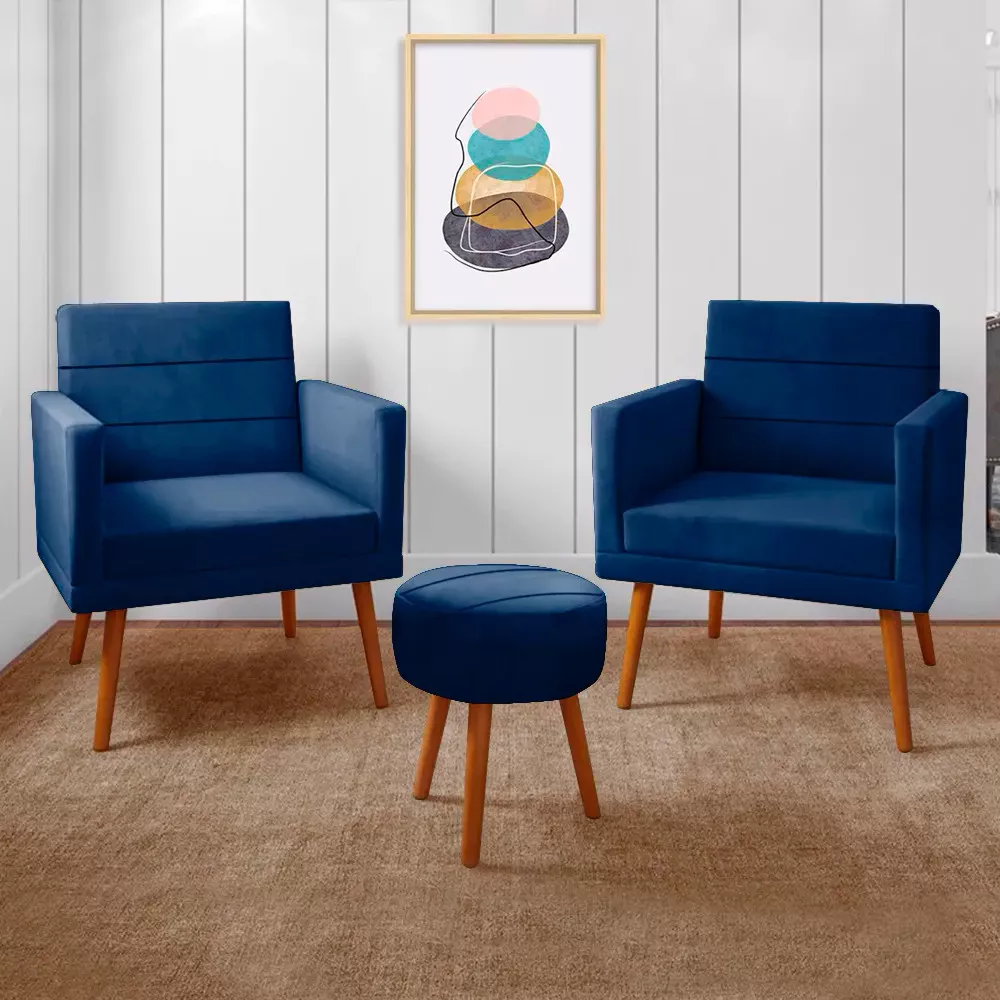 Image 0 of 9 of Kit 2 Poltronas Decorativas Nina + Puff Veludo Azul - Speciale Home