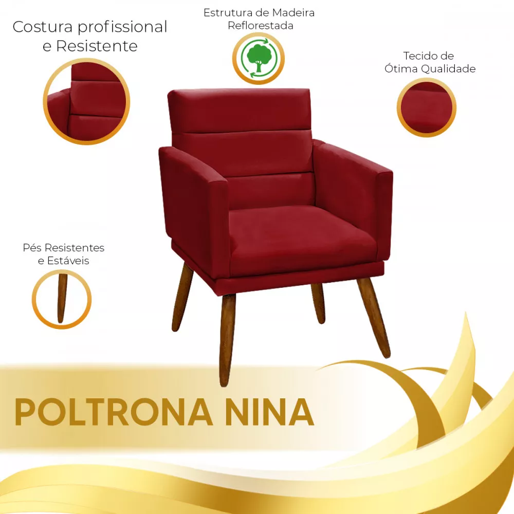 Image 3 of 5 of Poltrona Nina Veludo Vermelho De Madeira Speciale Home