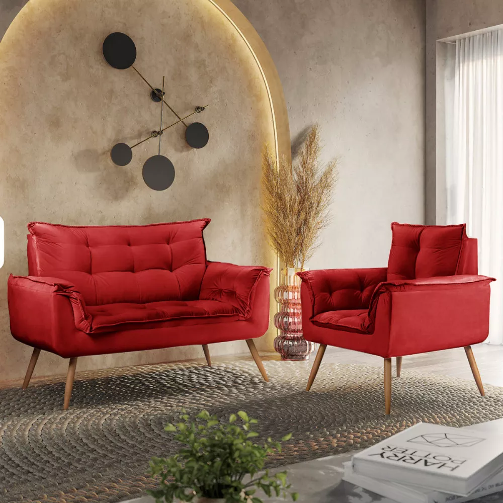 Image 1 of 6 of Conjunto Namoradeira + Poltrona Opala Veludo Vermelho- Speciale Home