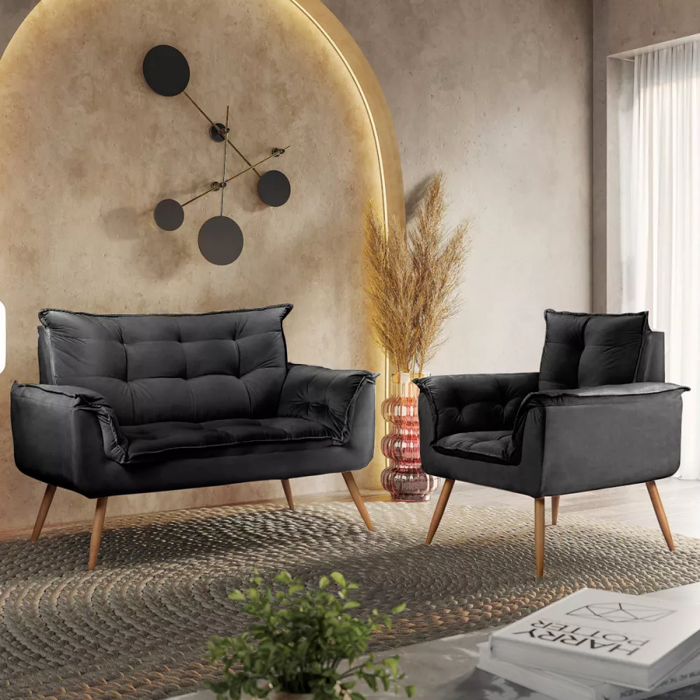 Image 1 of 6 of Conjunto Namoradeira + Poltrona Opala Veludo Preto - Speciale Home