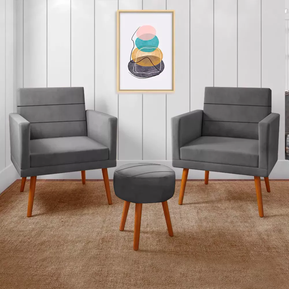Image 0 of 9 of Kit 2 Poltronas Decorativas Nina + Puff Veludo Cinza - Speciale Home