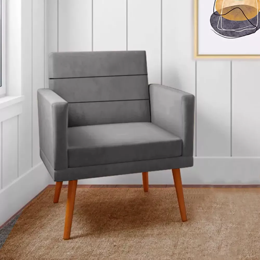 Image 1 of 9 of Kit 2 Poltronas Decorativas Nina + Puff Veludo Cinza - Speciale Home