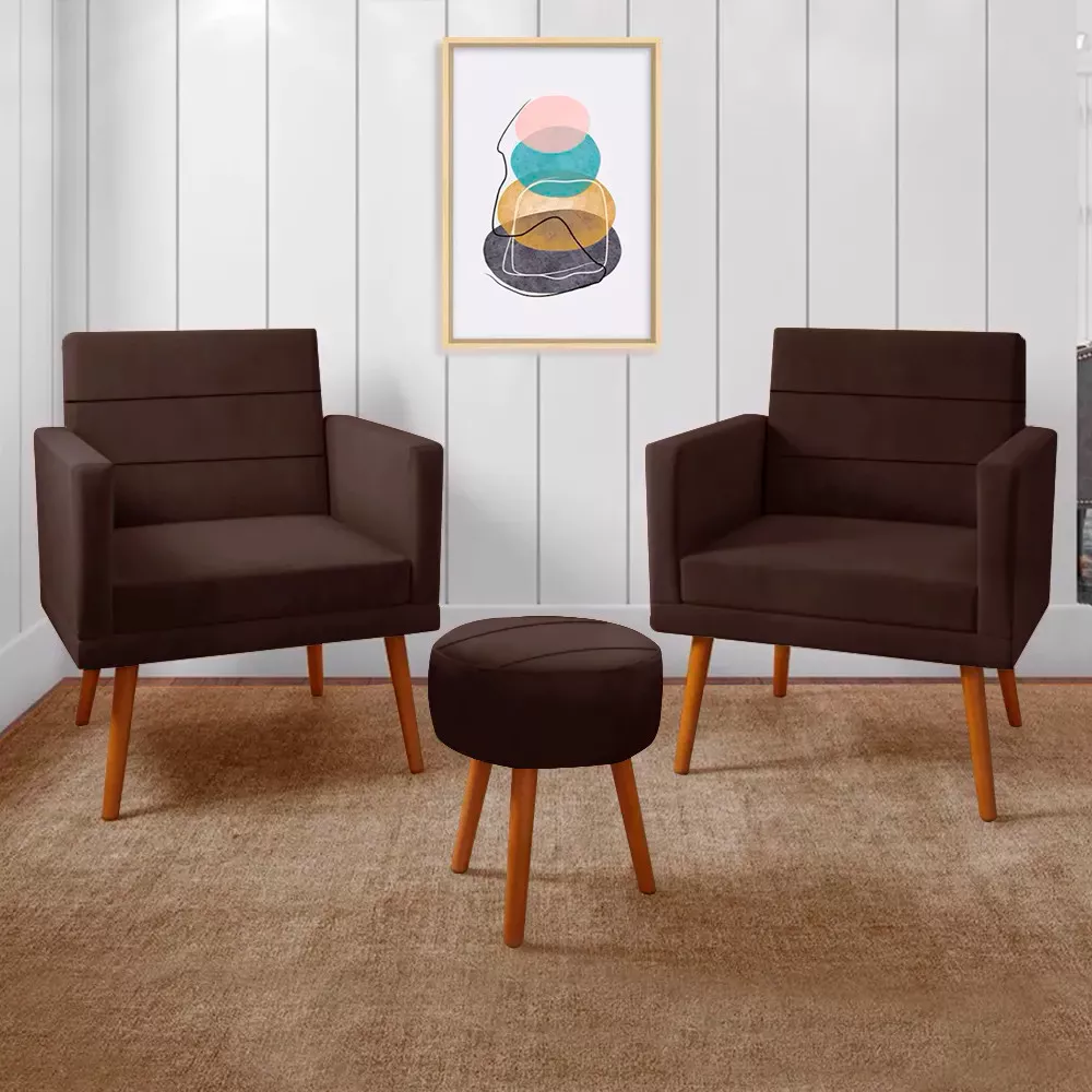 Image 0 of 9 of Kit 2 Poltronas Decorativas Nina + Puff Veludo Marrom - Speciale Home