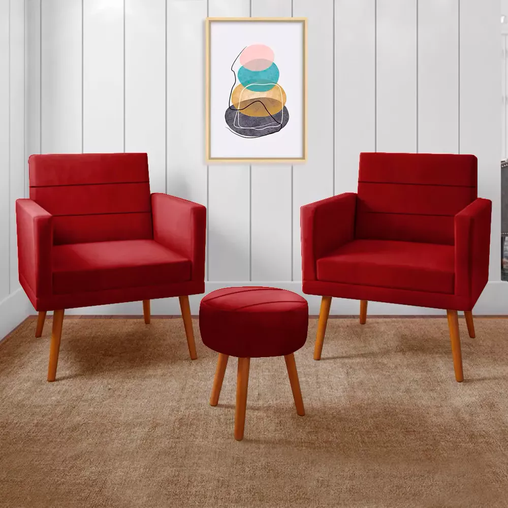 Image 0 of 9 of Kit 2 Poltronas Decorativas Nina + Puff Veludo Vermelho - Speciale Home