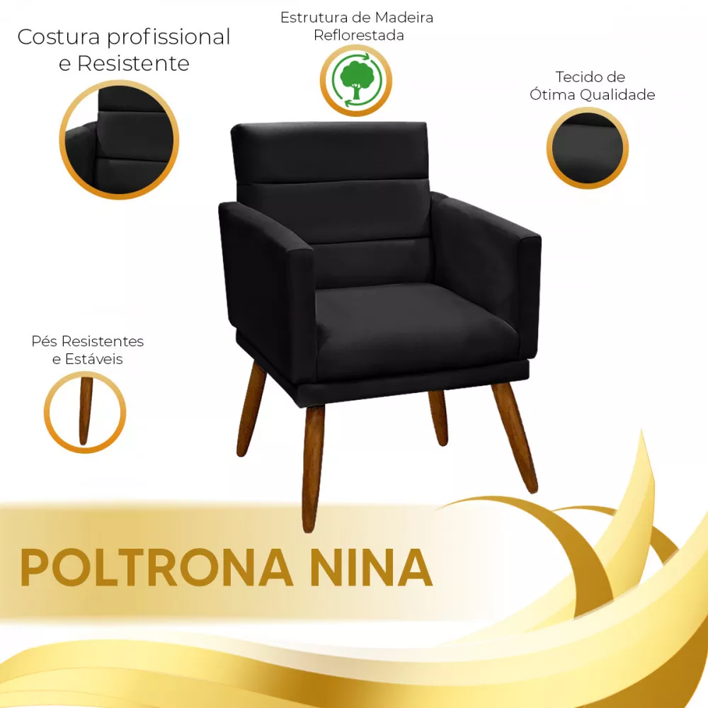 Image 3 of 5 of Poltrona Nina Veludo Preto De Madeira Speciale Home