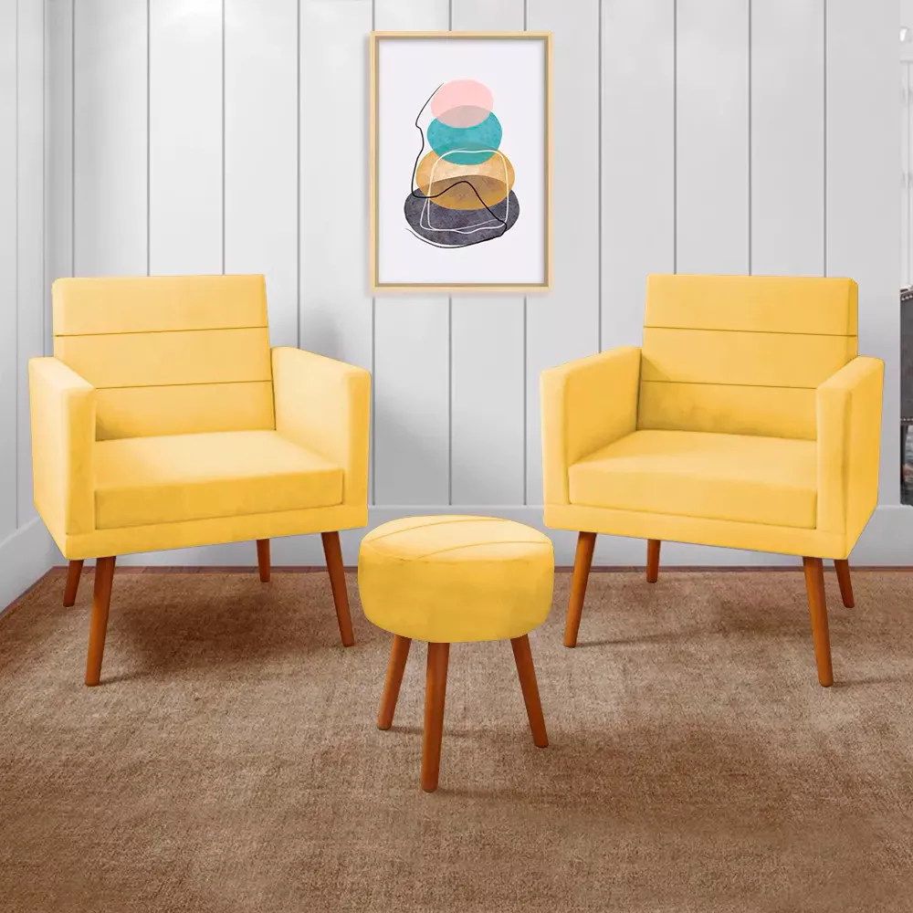 Image 0 of 9 of Kit 2 Poltronas Decorativas Nina + Puff Veludo Amarelo - Speciale Home
