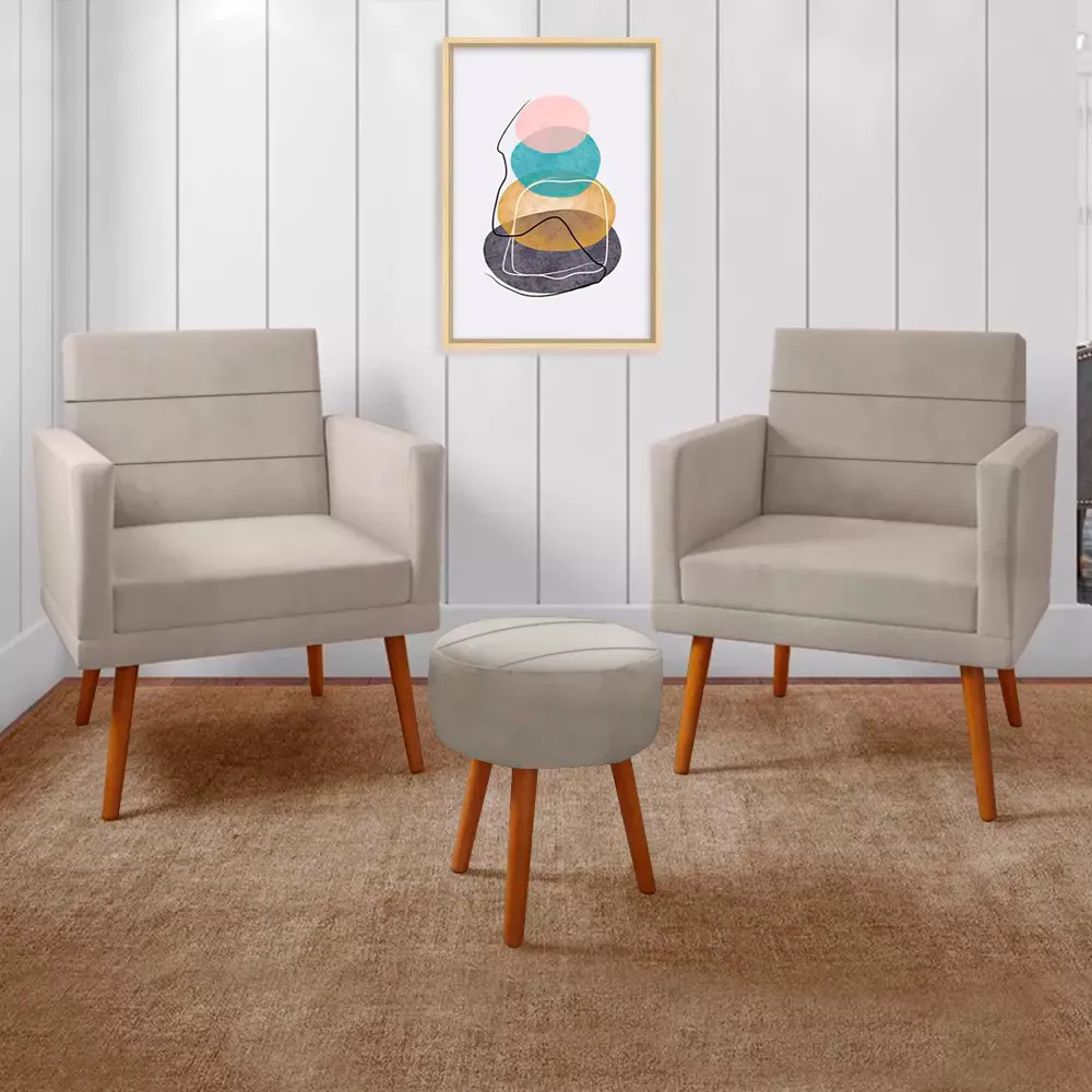 Image 0 of 9 of Kit 2 Poltronas Decorativas Nina + Puff Veludo Bege - Speciale Home