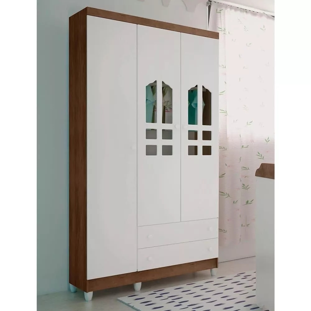 Image 0 of 3 of Guarda Roupa Infantil 3 Portas 2 Gavetas Selena Amadeirado Com Branco Carolina Móveis
