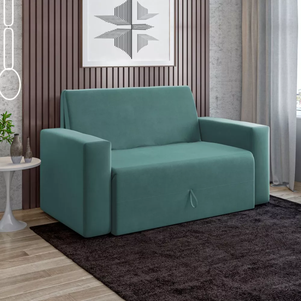 Image 1 of 6 of Sofa Cama Casal 5000 Com Braço Veludo Azul Turquesa Mamflex