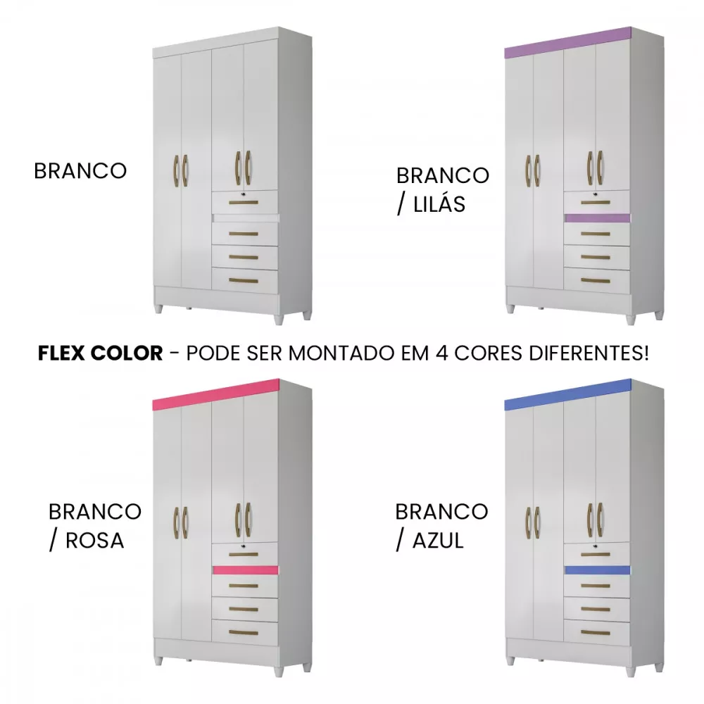 Image 4 of 5 of Guarda- roupa 4 Portas 4 Gavetas Branco/Rosa/Azul/Lilás Sobral Moval