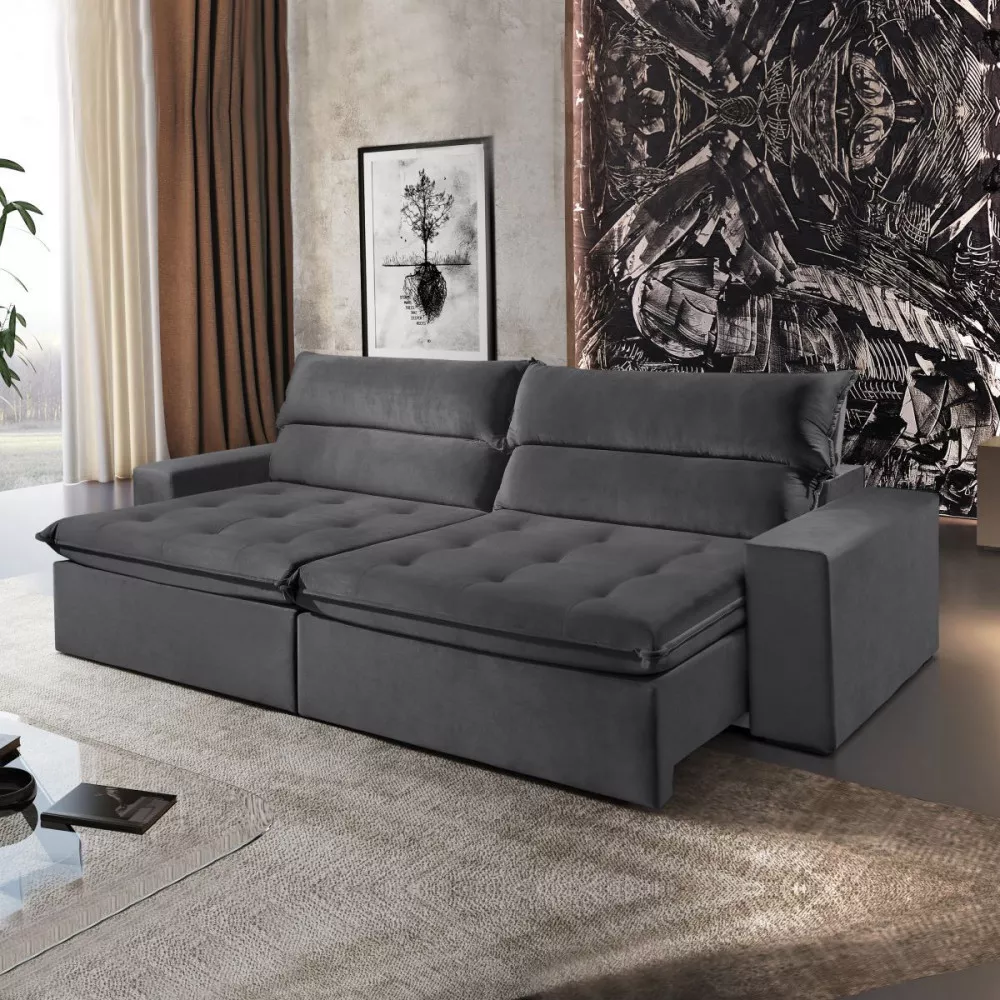 Image 1 of 5 of Sofa Retratil Reclinavel Santorini 2.50m Veludo Grafite Montano
