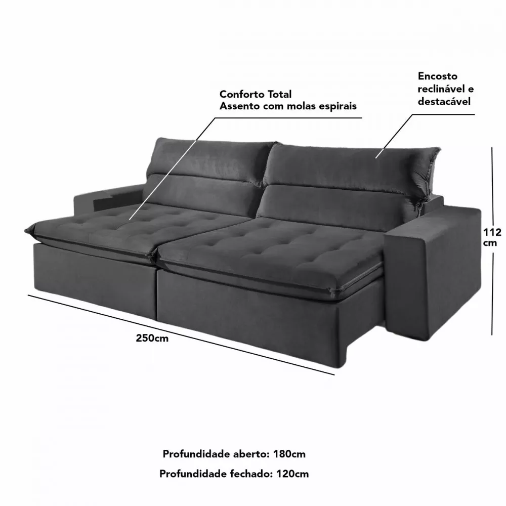 Image 4 of 5 of Sofa Retratil Reclinavel Santorini 2.50m Veludo Grafite Montano