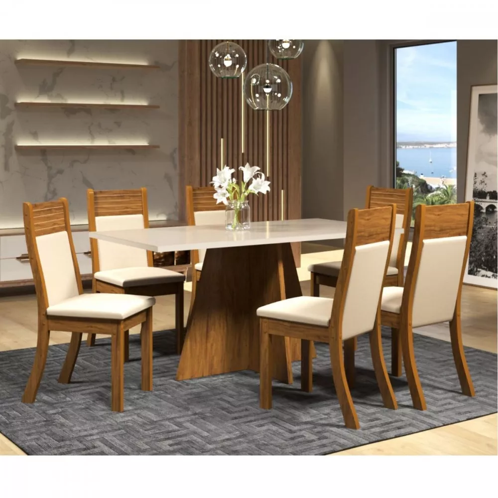 Image 0 of 4 of Mesa Dailus com 6 Cadeiras Roma Imbuia Tecido Veludo Pastel Viero
