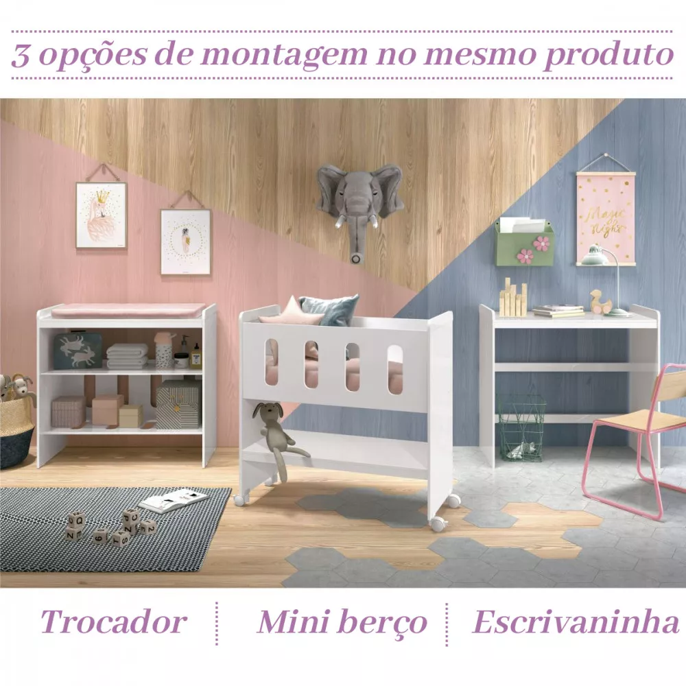 Image 3 of 9 of Mini Berço com Colchão 90x40x8 Zain 3 em 1 Branco Brilho Reller