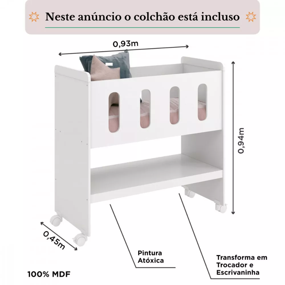 Image 8 of 9 of Mini Berço com Colchão 90x40x8 Zain 3 em 1 Branco Brilho Reller