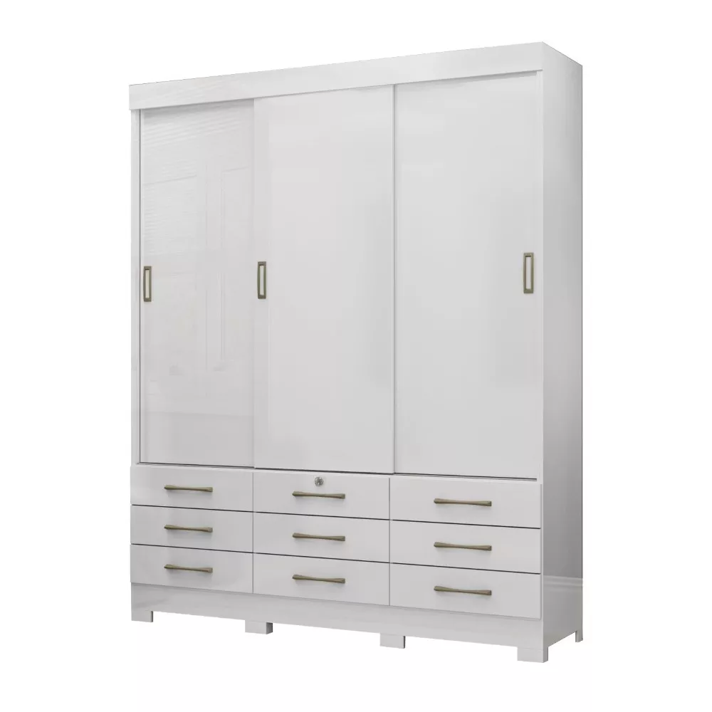 Image 1 of 4 of Guarda Roupa Casal 3 Portas De Correr 9 Gavetas Sem Espelho Branco Niquel Flex Tóquio Maxel