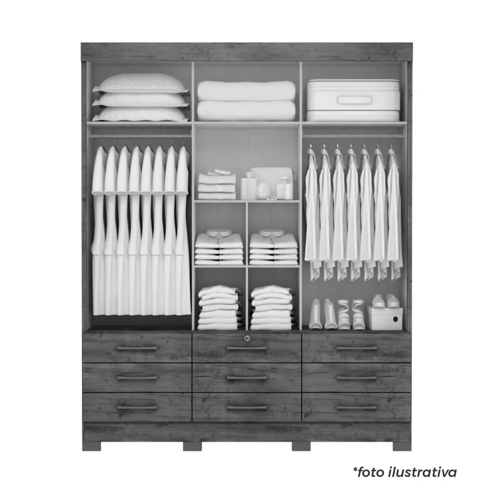 Image 3 of 4 of Guarda Roupa Casal 3 Portas De Correr 9 Gavetas Sem Espelho Branco Niquel Flex Tóquio Maxel