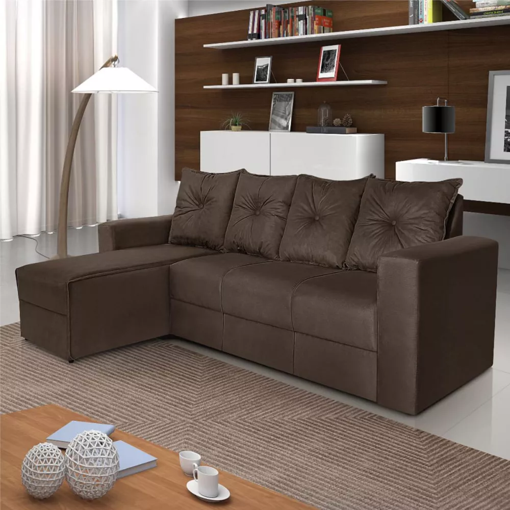 Image 1 of 3 of Sofá 3 Lugares Com Chaise Suede Marrom Zinhão