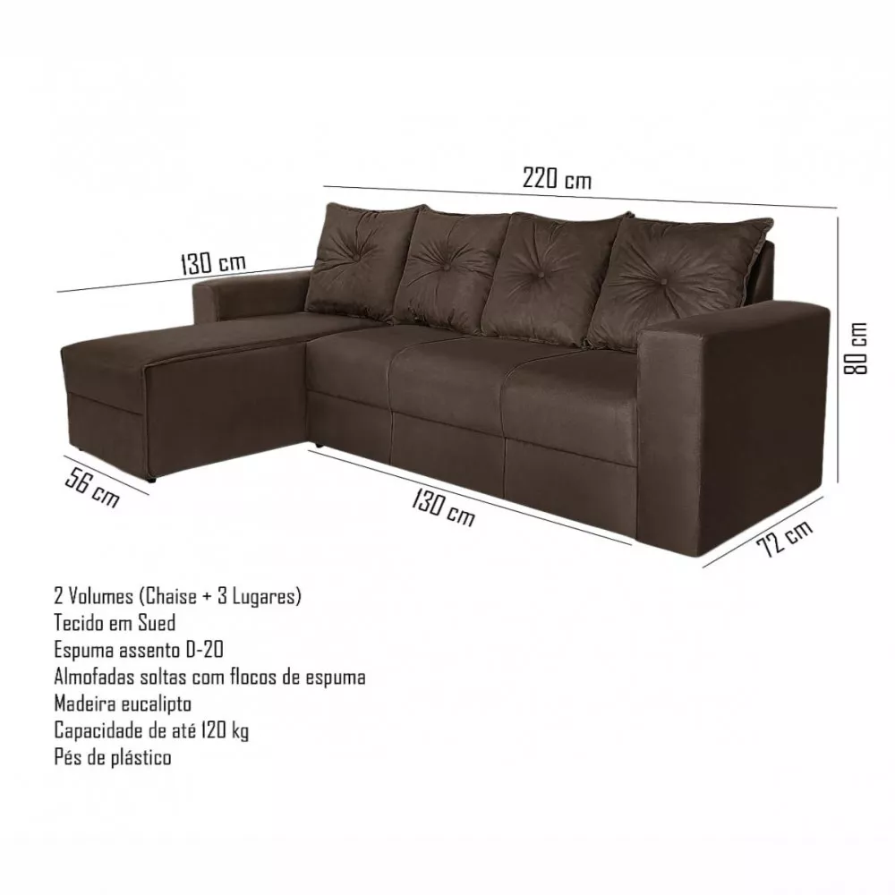 Image 2 of 3 of Sofá 3 Lugares Com Chaise Suede Marrom Zinhão