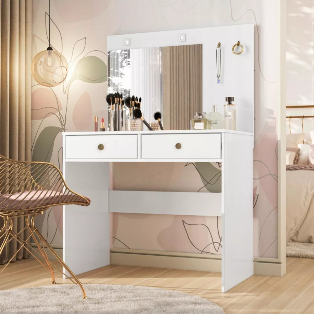 Image 1 of 3 of Penteadeira Camarim com Espelho Ideal 2 Gavetas Branco Moval