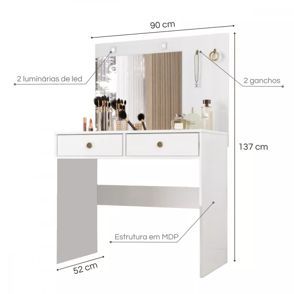 Image 2 of 3 of Penteadeira Camarim com Espelho Ideal 2 Gavetas Branco Moval