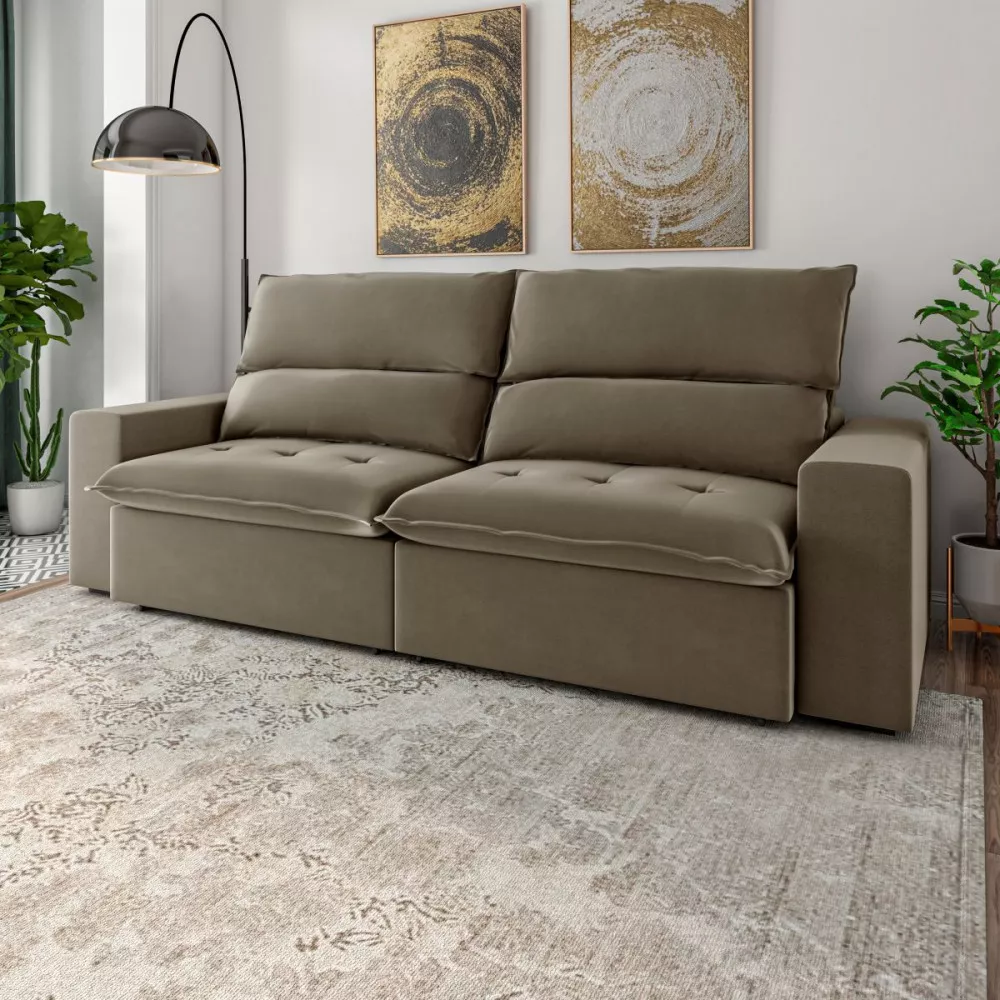 Image 1 of 5 of Sofá Londres Retrátil Reclinável 2.50m Veludo Fino Capuccino Mam Flex