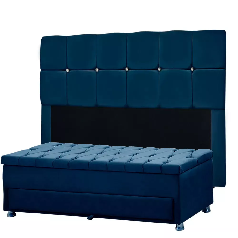 Image 0 of 11 of Conjunto Cabeceira Mila + Calçadeira Munique 195cm Veludo Azul Speciale Home