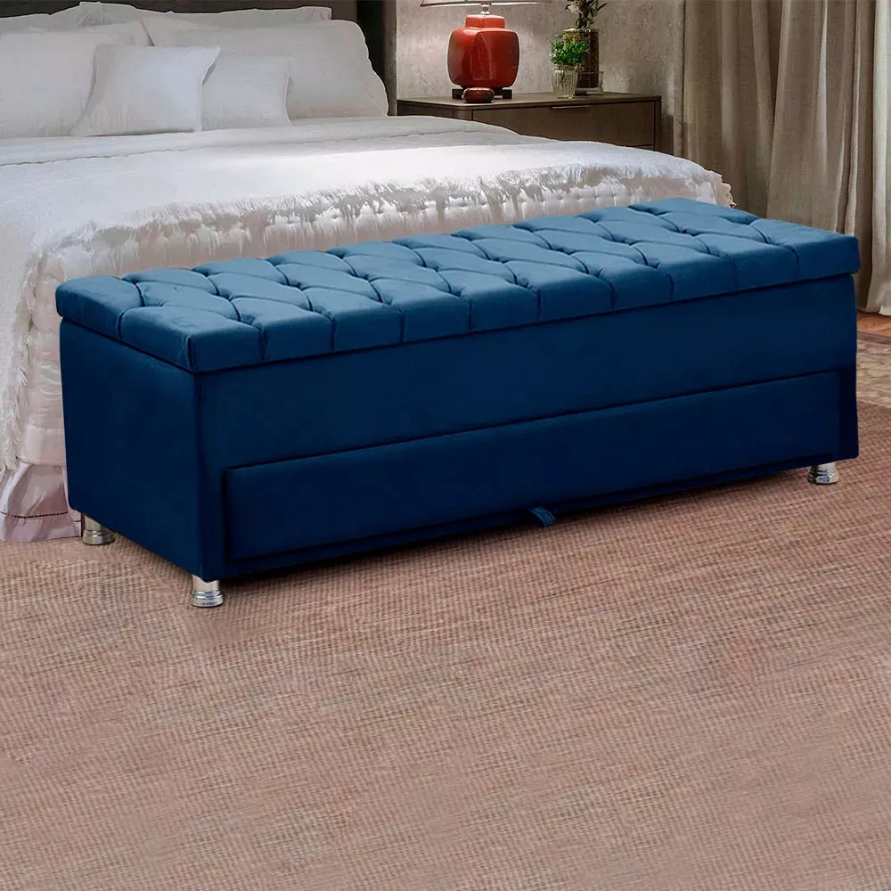 Image 7 of 11 of Conjunto Cabeceira Mila + Calçadeira Munique 195cm Veludo Azul Speciale Home