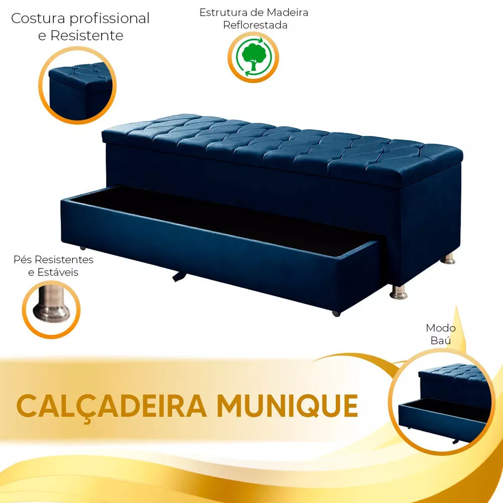 Image 10 of 11 of Conjunto Cabeceira Mila + Calçadeira Munique 195cm Veludo Azul Speciale Home