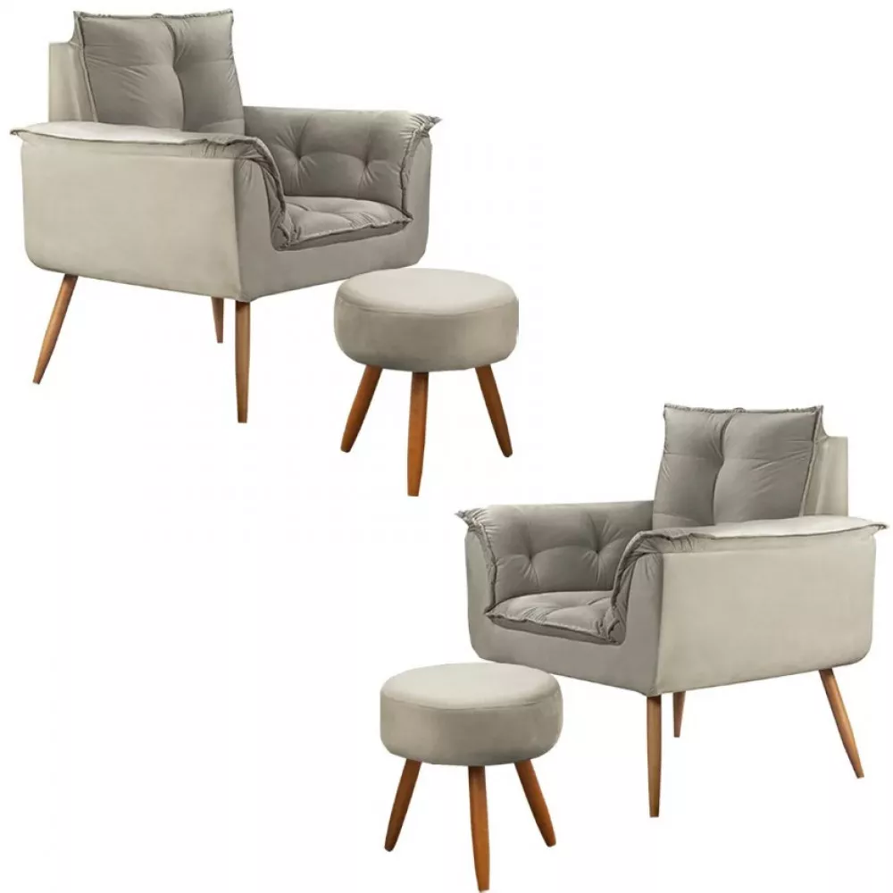 Image 0 of 10 of Conjunto de 2 Poltronas e 2 Puff Opala Veludo Bege Marfim Speciale Home