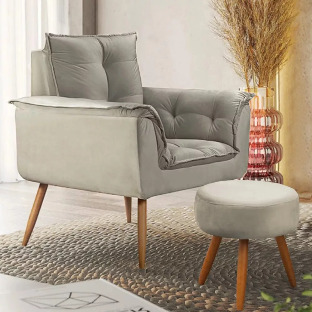 Image 1 of 10 of Conjunto de 2 Poltronas e 2 Puff Opala Veludo Bege Marfim Speciale Home