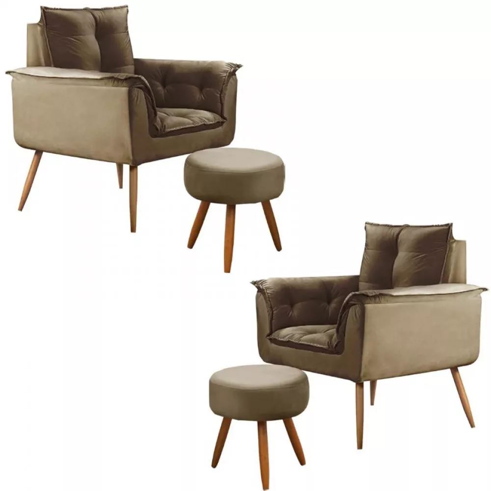 Image 0 of 12 of Conjunto de 2 Poltronas e 2 Puff Opala Veludo Marrom Castor Speciale Home