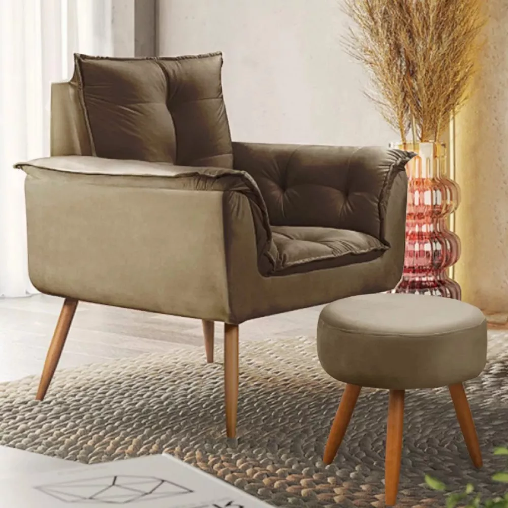 Image 1 of 12 of Conjunto de 2 Poltronas e 2 Puff Opala Veludo Marrom Castor Speciale Home