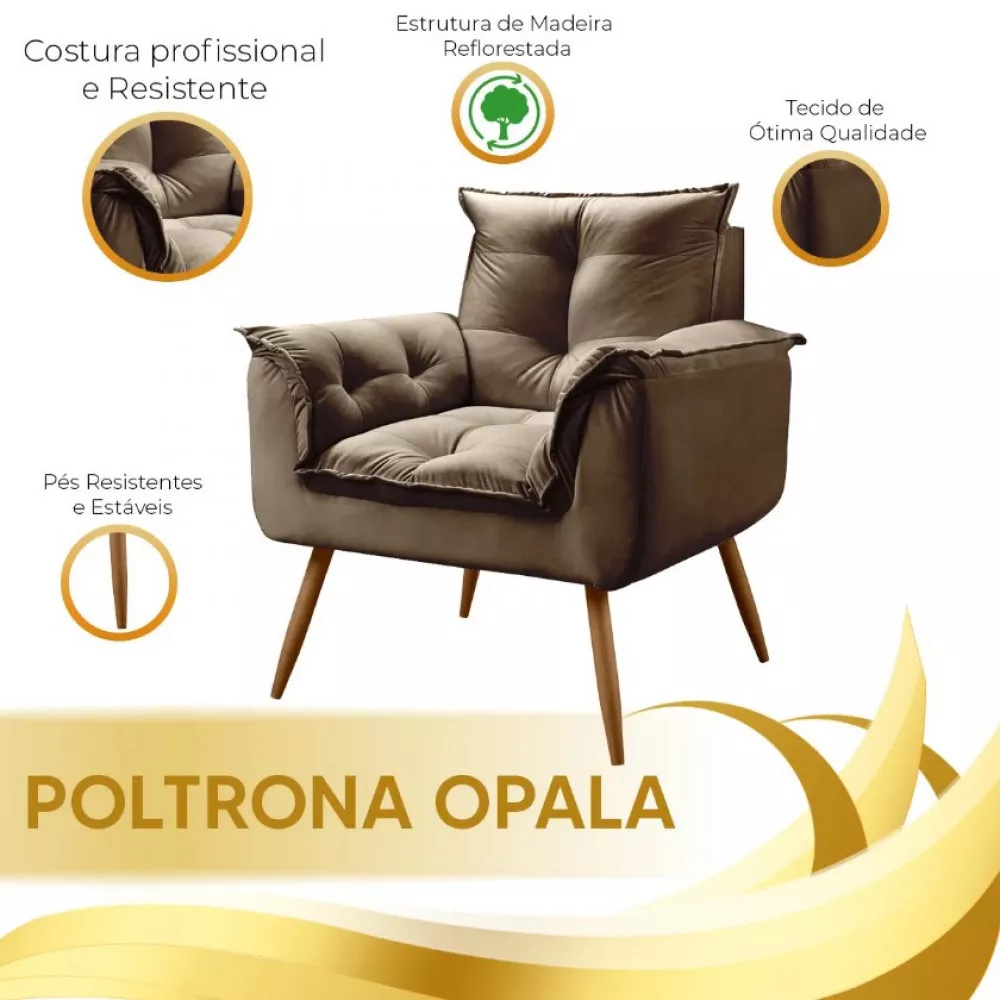 Image 8 of 12 of Conjunto de 2 Poltronas e 2 Puff Opala Veludo Marrom Castor Speciale Home