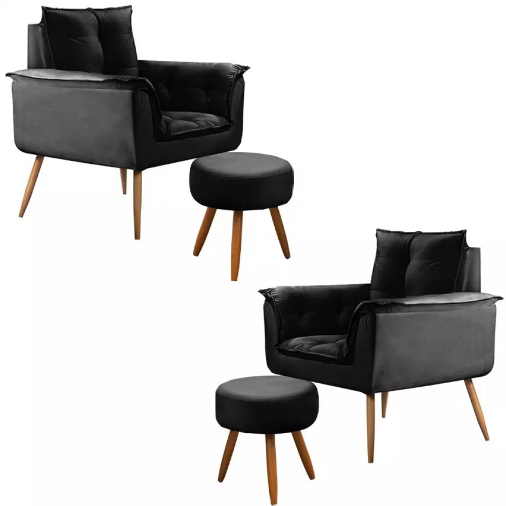 Image 0 of 12 of Conjunto de 2 Poltronas e 2 Puff Opala Veludo Preto Speciale Home