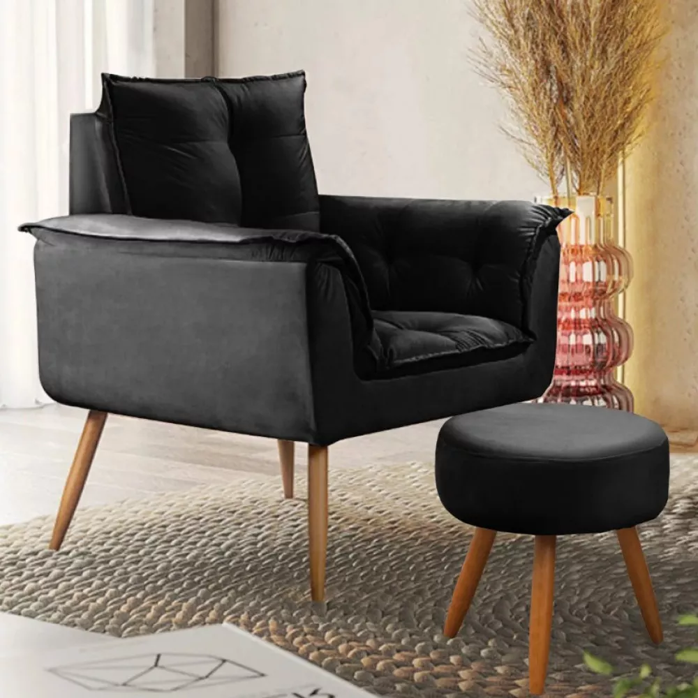 Image 1 of 12 of Conjunto de 2 Poltronas e 2 Puff Opala Veludo Preto Speciale Home