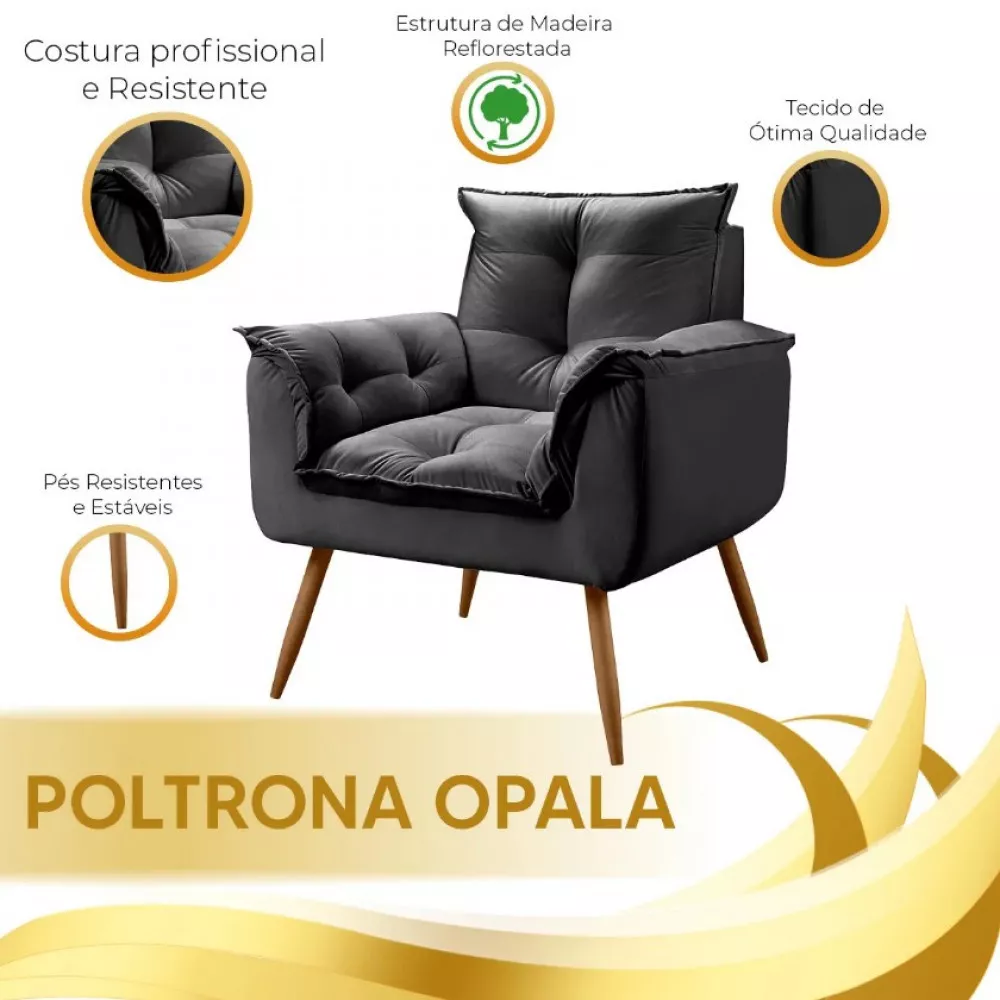 Image 8 of 12 of Conjunto de 2 Poltronas e 2 Puff Opala Veludo Preto Speciale Home