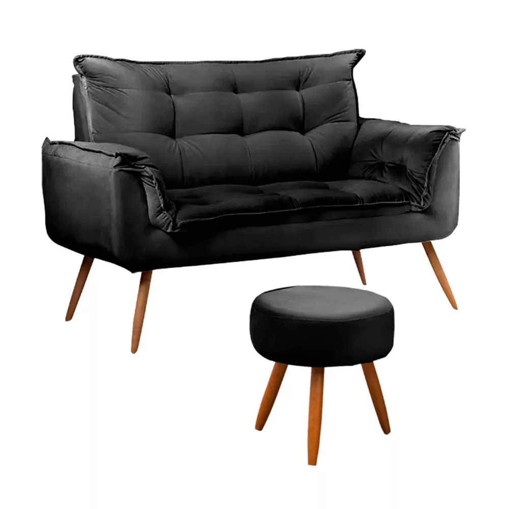Image 0 of 10 of Conjunto Namoradeira e Puff Opala Veludo Preto Speciale Home