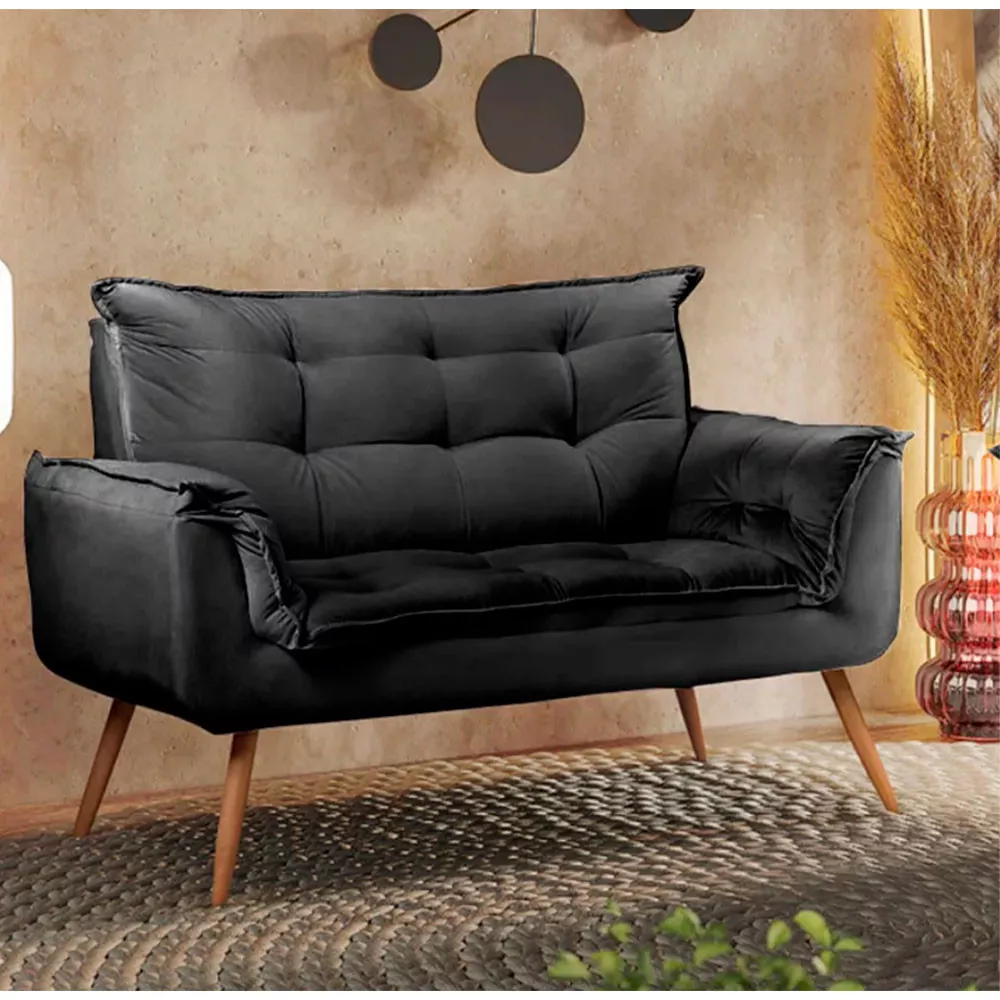 Image 1 of 10 of Conjunto Namoradeira e Puff Opala Veludo Preto Speciale Home