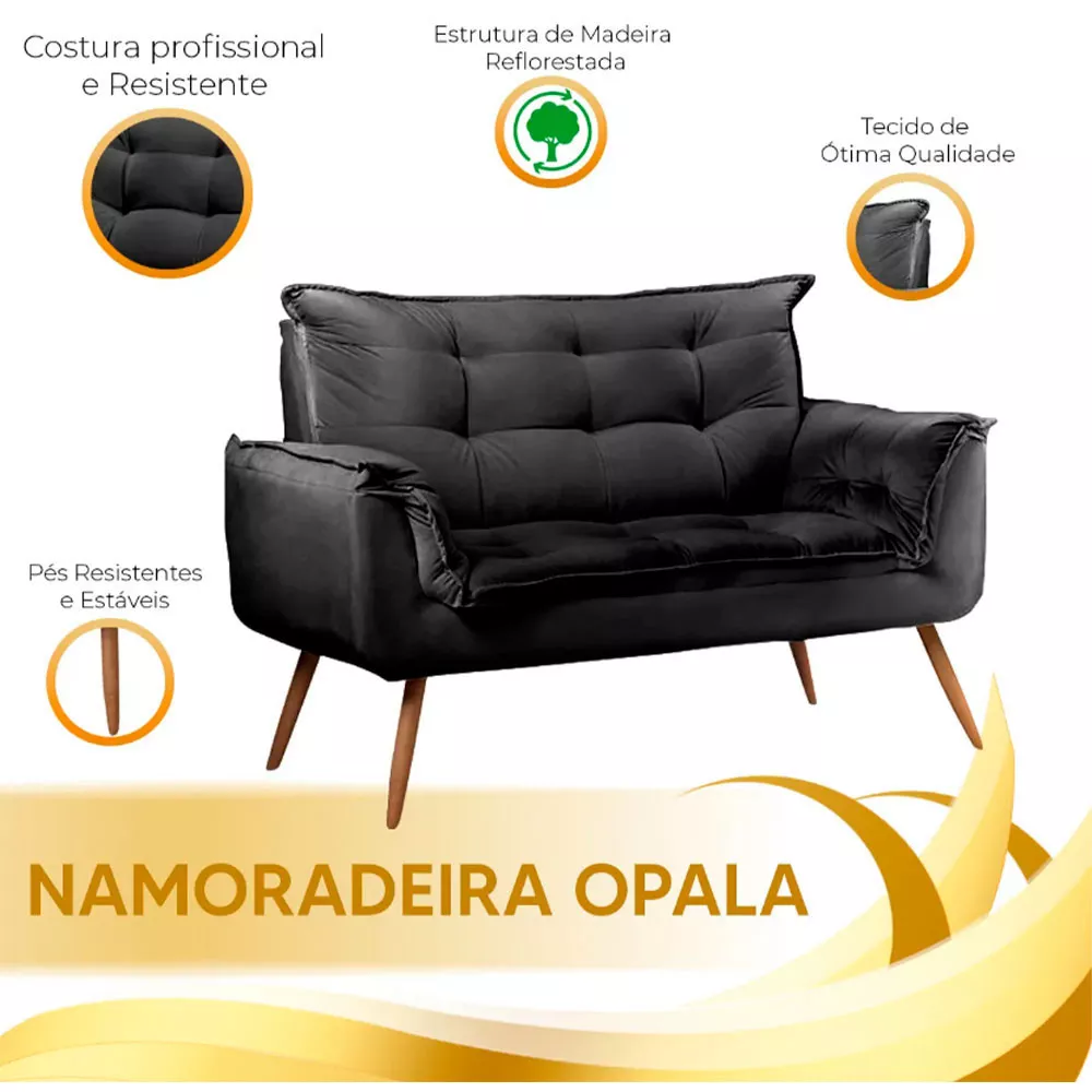 Image 6 of 10 of Conjunto Namoradeira e Puff Opala Veludo Preto Speciale Home
