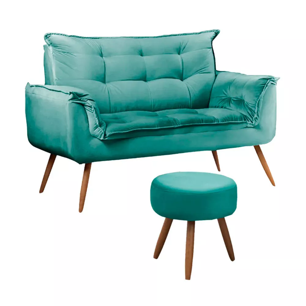 Image 0 of 10 of Conjunto Namoradeira Puff Opala Veludo Turquesa Ciano Speciale Home