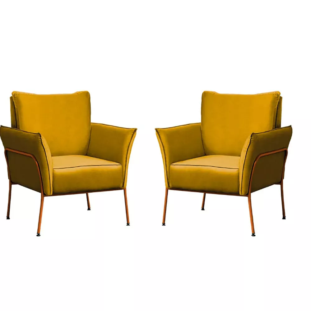 Image 0 of 7 of Kit 2 Poltronas Decorativas Para Sala, Recepção Lotus Suede Amarelo Com Base Bronze Speciale Home