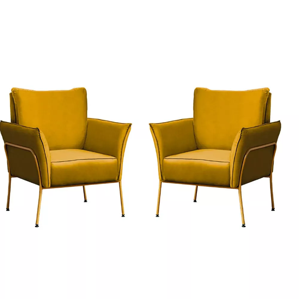 Image 0 of 7 of Kit 2 Poltronas Decorativas Para Sala, Recepção Lotus Suede Amarelo Com Base Dourada Speciale Home