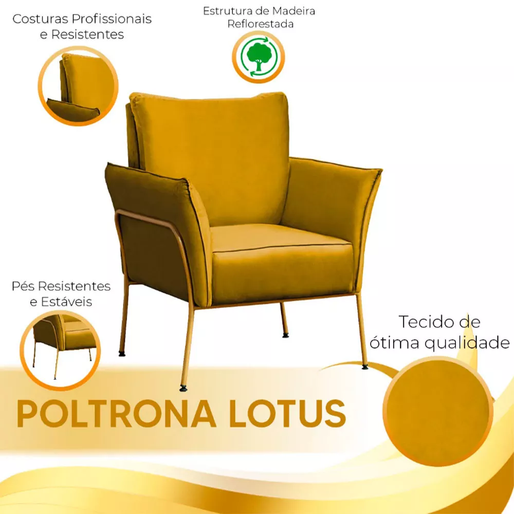 Image 6 of 7 of Kit 2 Poltronas Decorativas Para Sala, Recepção Lotus Suede Amarelo Com Base Dourada Speciale Home