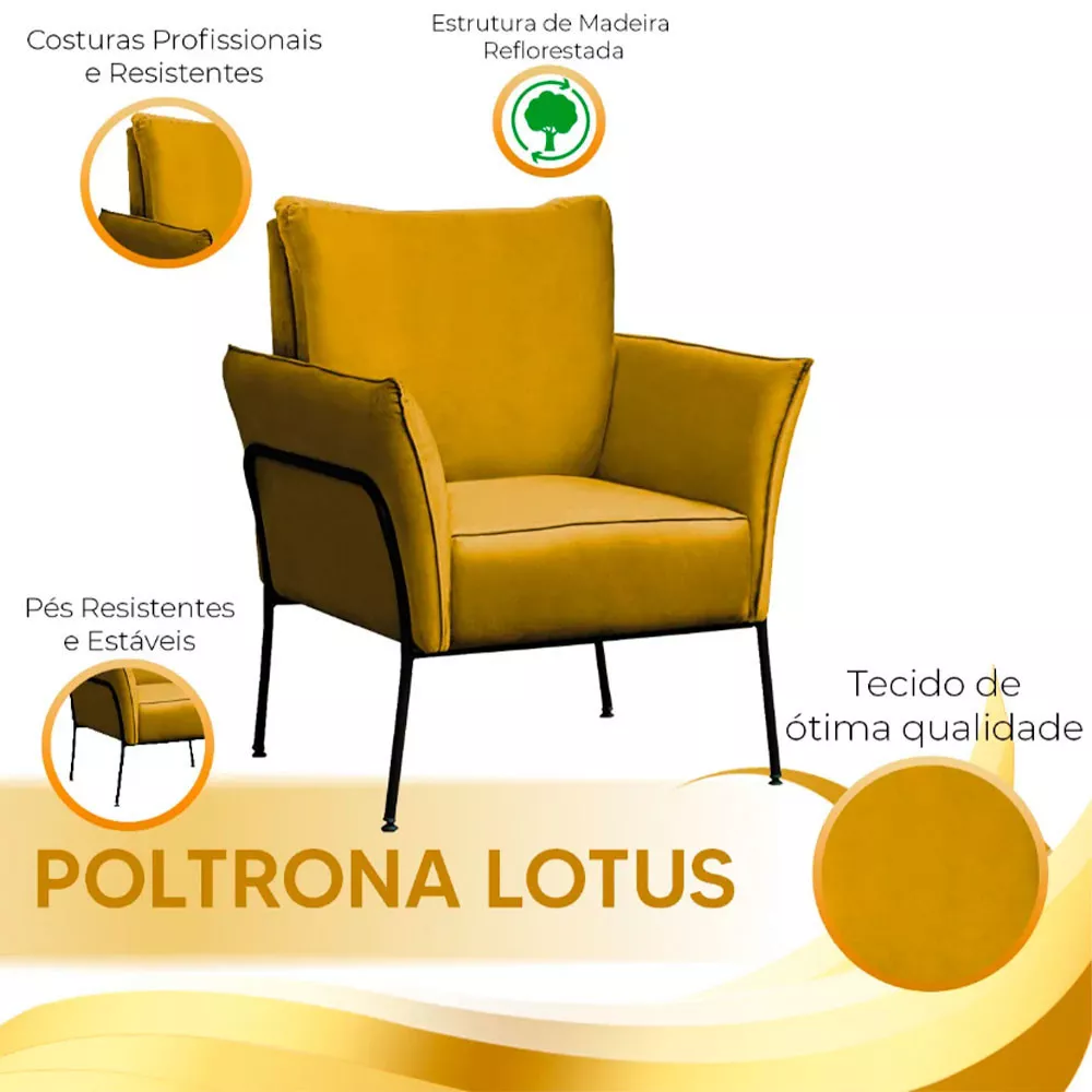 Image 6 of 7 of Kit 2 Poltronas Decorativas Para Sala, Recepção Lotus Suede Amarelo Com Base Preta Speciale Home