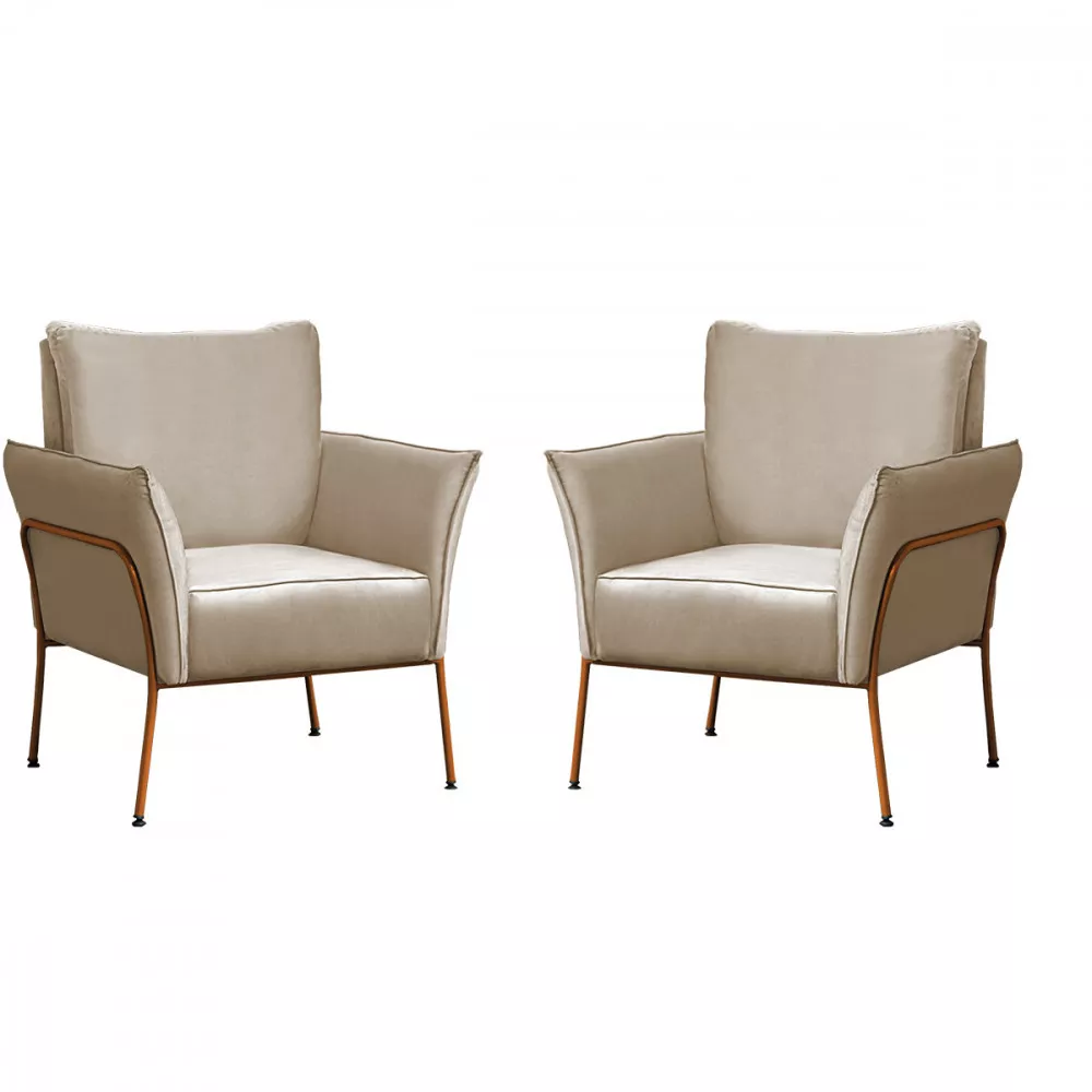 Image 0 of 7 of Kit 2 Poltronas Decorativas Para Sala, Recepção Lotus Suede Bege Com Base Bronze Speciale Home
